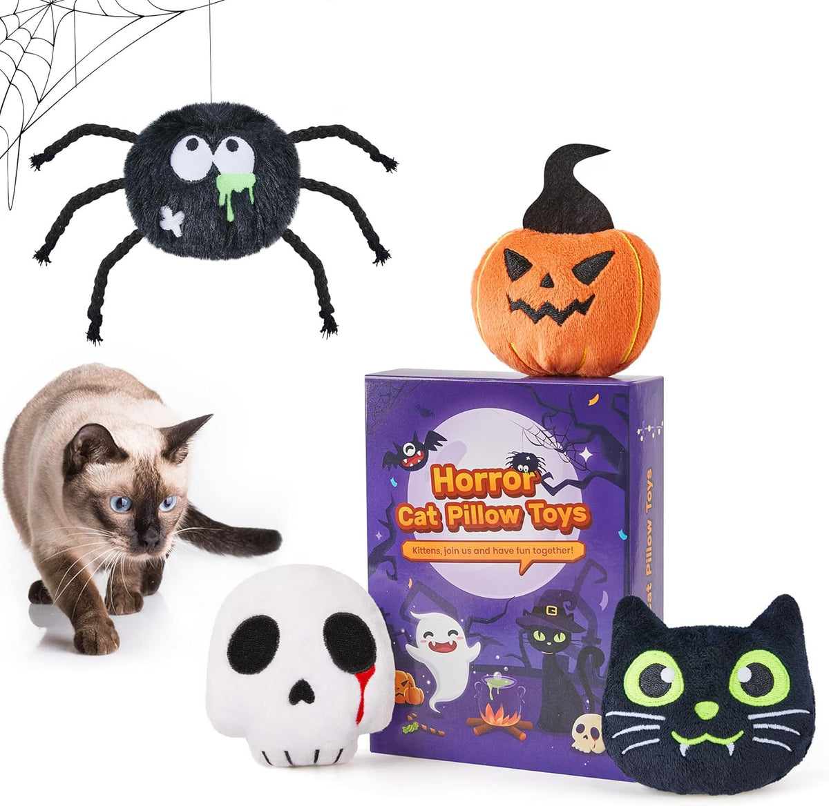 Assorted Halloween-themed catnip toys in black cat, spider, pumpkin, ghost