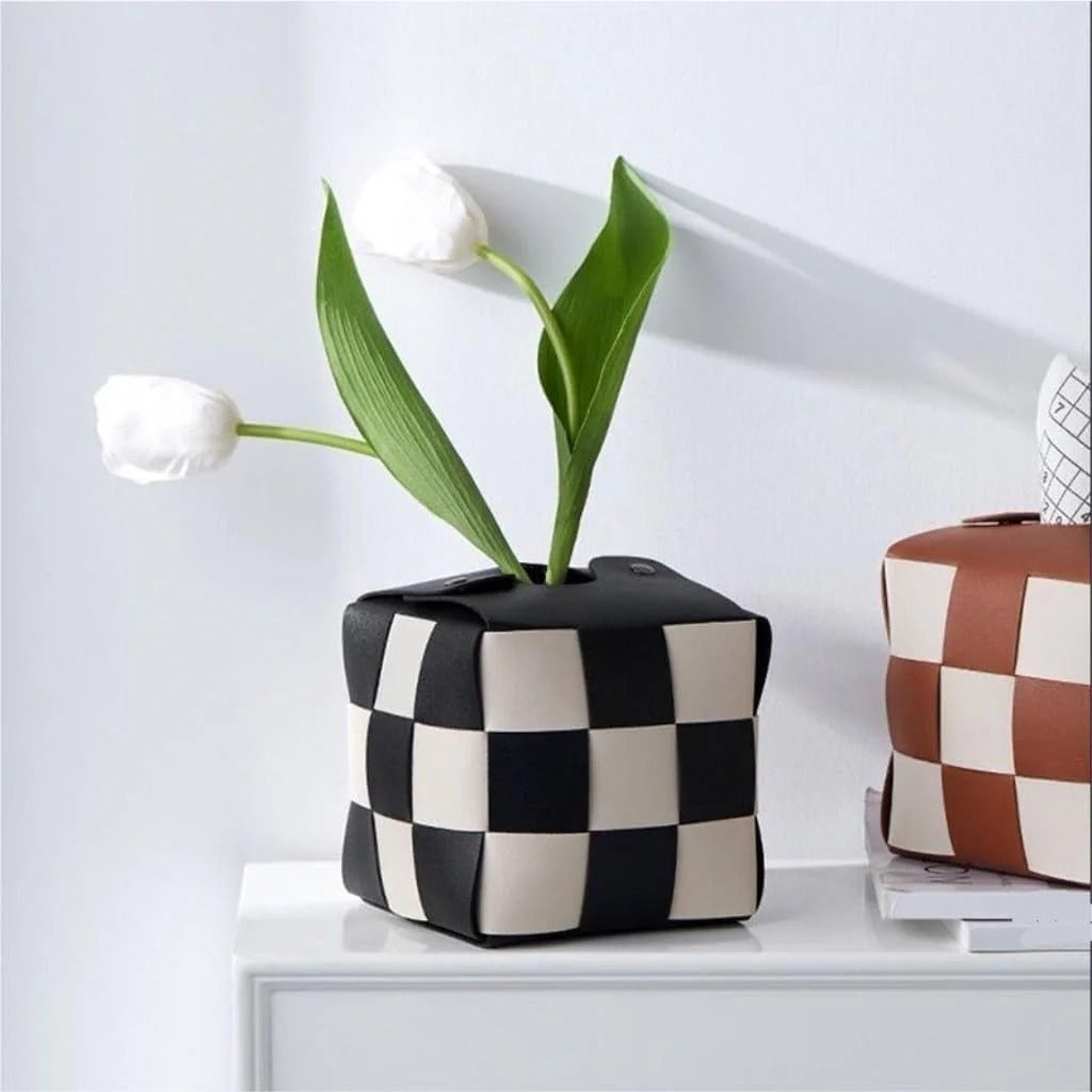Checkered Tissue Box Cover on Bathroom Counter