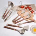 Close-up of heat-resistant silicone heads and wood grain handles