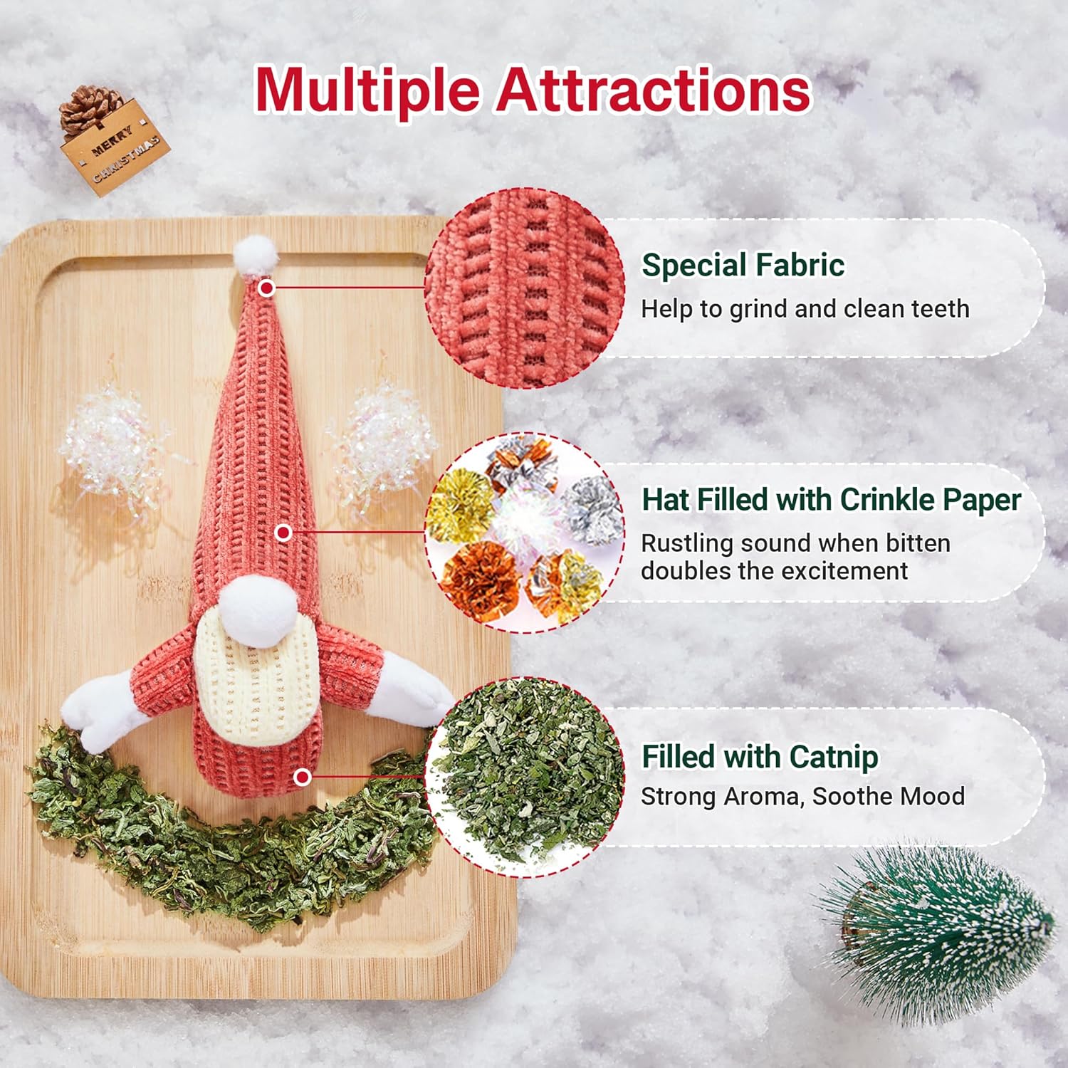 Closeup of Ovista Santa cat toy pack in red, green, and purple