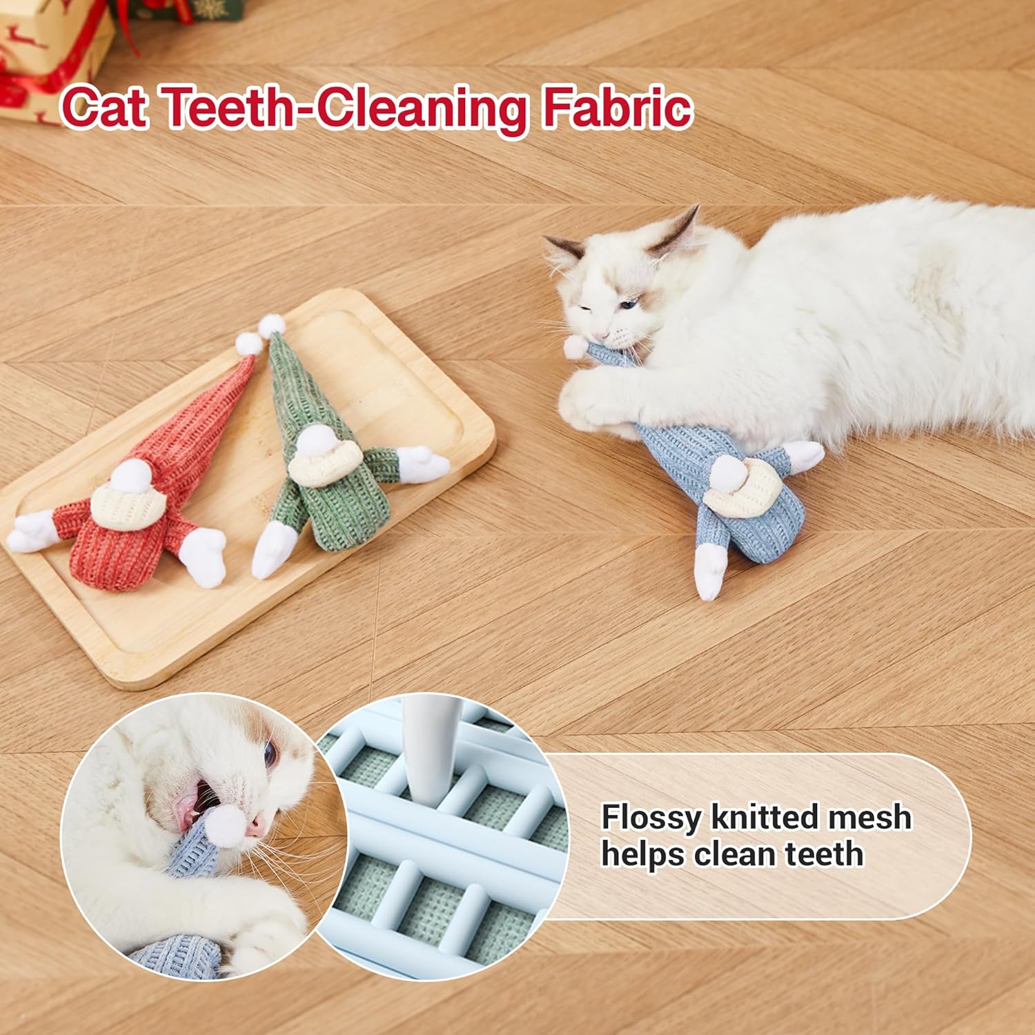 Kitten kicking and chewing Christmas catnip toy