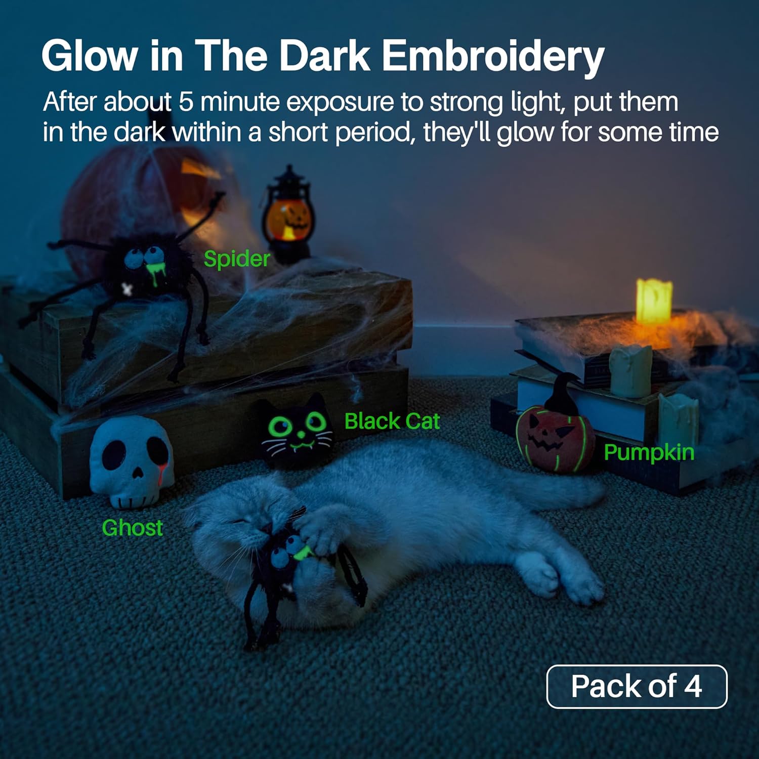 Ovista Halloween catnip toys 4 pack glow in the dark