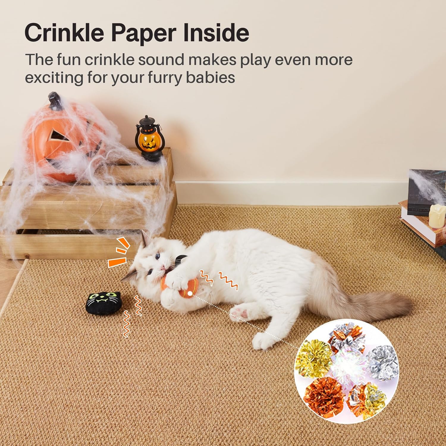 Plush cat kicker toy with crinkle sound and embroidery